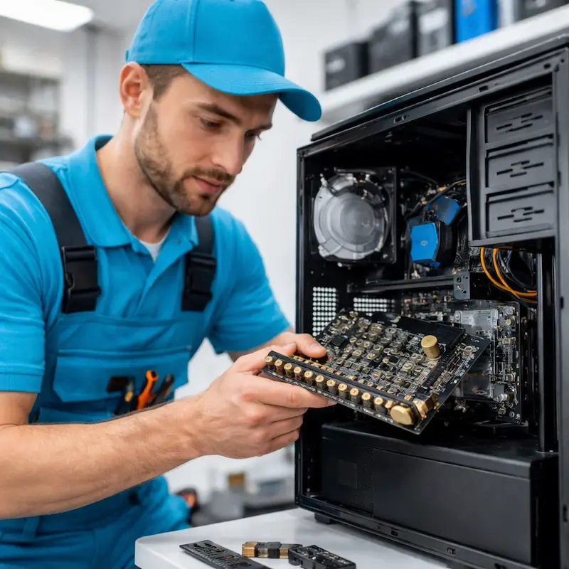 Мастер устанавливает звуковую карту на ПК в Горелово